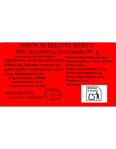 Loncheado 90 g. Jamon de Bellota Ibérico 50%...