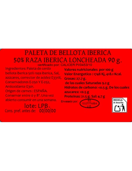 Loncheado 90 g. Paleta de Bellota Ibérica 50% raza iberica o Paleta de Bellota Ibérica 75% raza iberica.